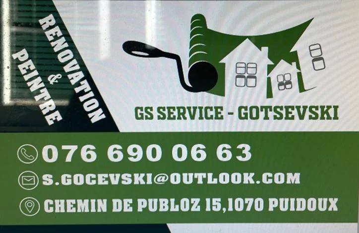 Carte de visite de GS Service – Gotsevski : rénovation et peinture, 076 690 06 63, s.gocevski@outlook.com, Chemin de Publoz 15, 1070 Puidoux