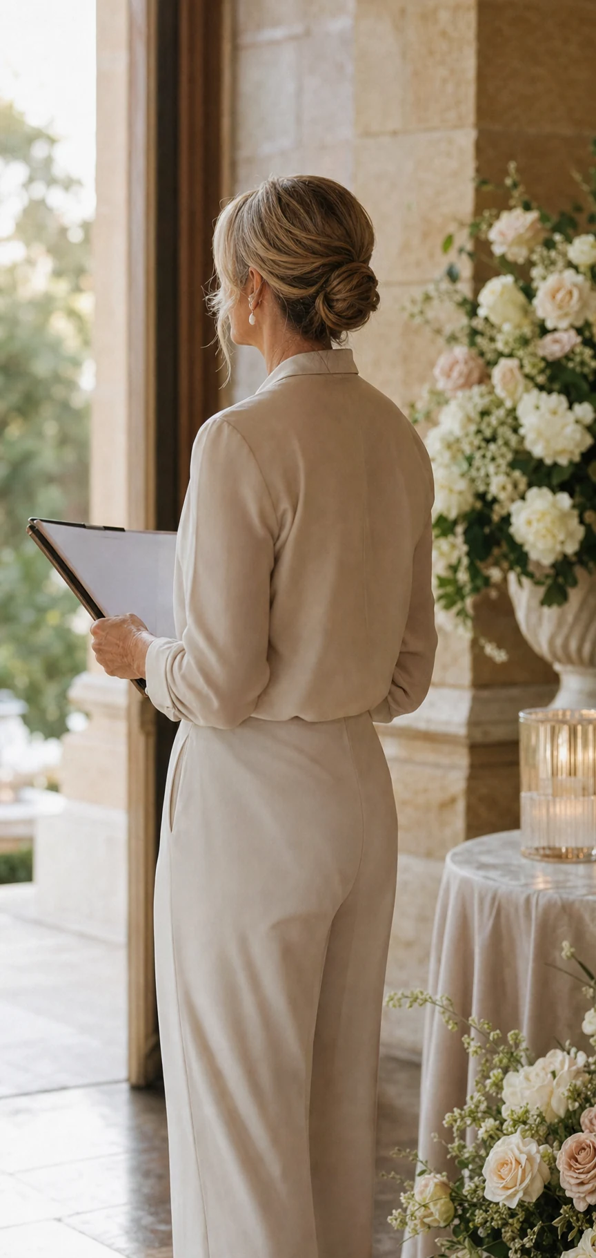 A refined civil celebrant holding ceremony notes beside soft wedding florals